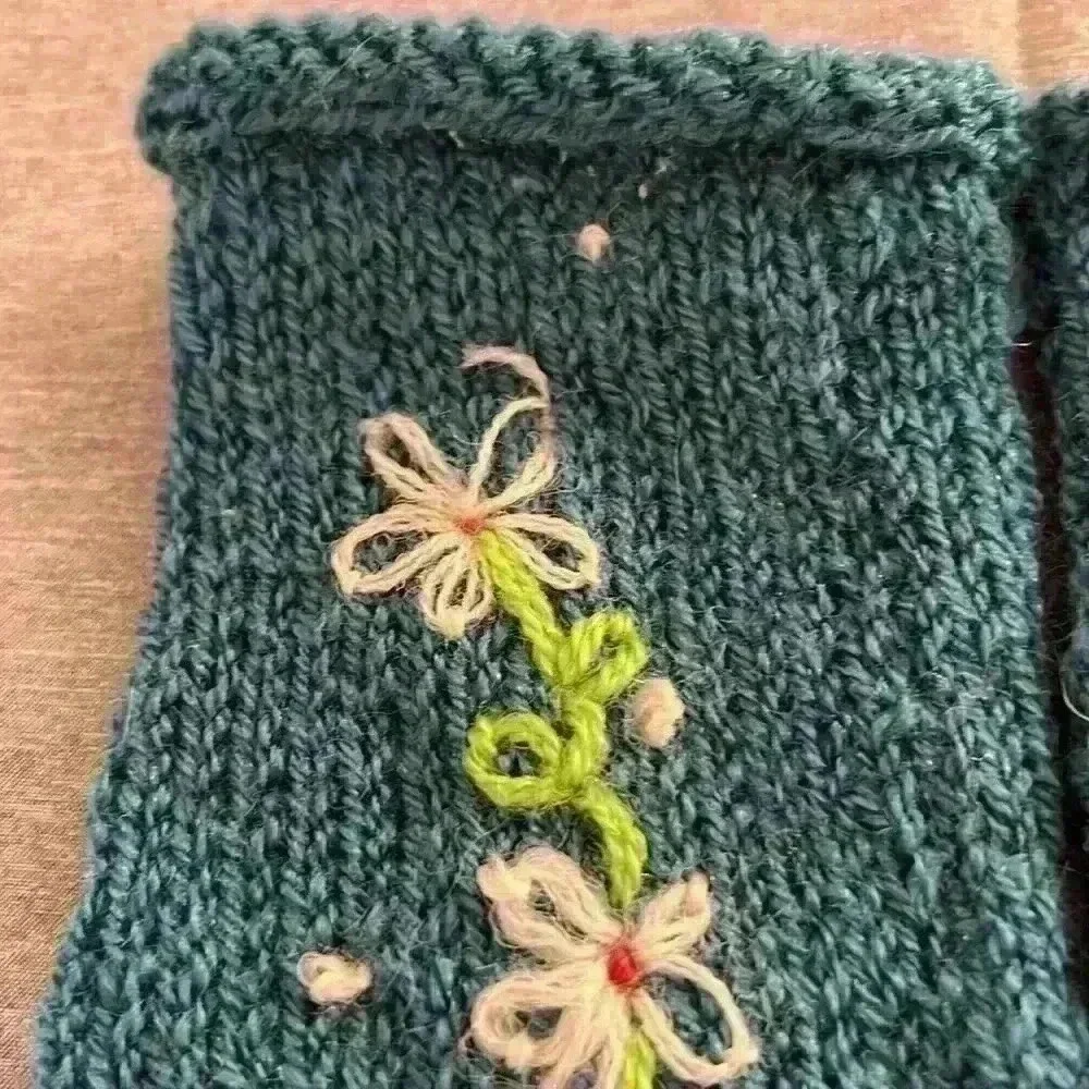 Fingerless Gloves wrist warmers  teal with flowers HandCrafted OSFM
